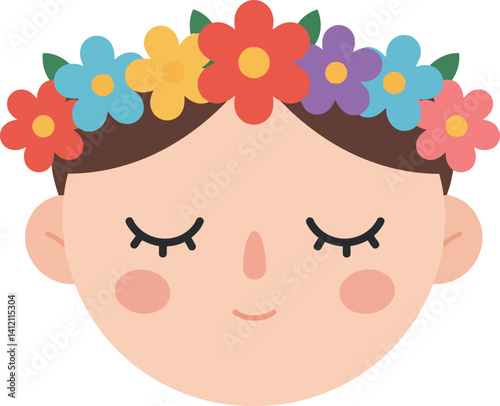 Cute girl face with colorful flower crown closed eyes smiling flat design vector illustration