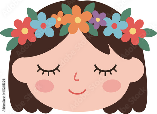 Girl with closed eyes and floral crown smiling peacefully flat design vector illustration