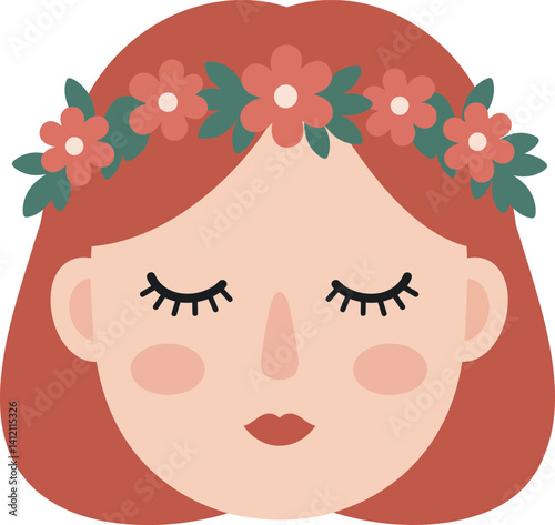 Red-haired woman with floral crown eyes closed peaceful face flat design vector illustration