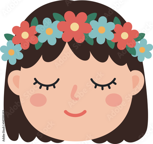 Girl with closed eyes and flower crown in flat style smiling peacefully vector illustration