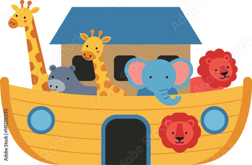 Colorful cartoon animals on wooden ark with blue roof in flat design vector illustration