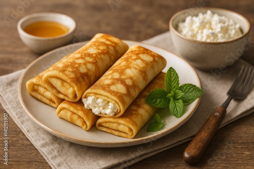Delicious Rolled Pancakes Filled With Cottage Cheese and Garnished With Mint