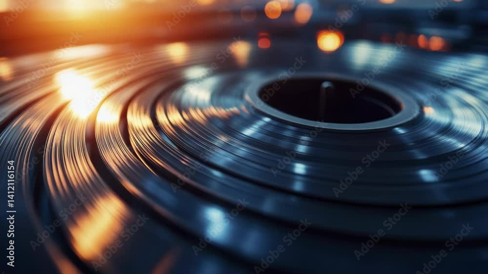 Close up of metallic coil reflecting warm light, dark blue and orange tones, industrial setting. Close up of metallic coil reflecting warm light, dark blue and orange tones, industrial setting.