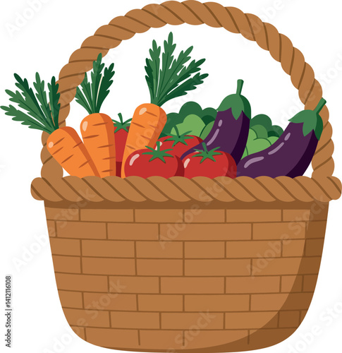 Basket filled with fresh colorful vegetables including carrots tomatoes and eggplants flat design vector illustration