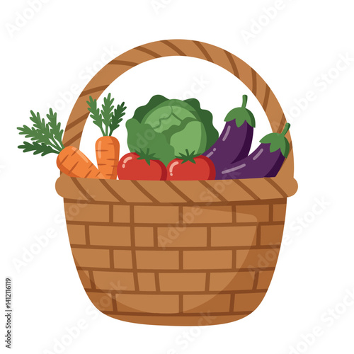 Fresh vegetables basket with carrots cabbage tomatoes and eggplants in flat design vector illustration
