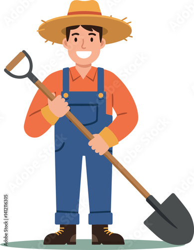 Smiling male farmer in straw hat holding shovel wearing blue overalls flat style vector illustration