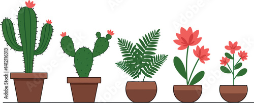 Five potted plants including cacti and flowering plants in minimal flat design vector illustration