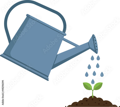 Blue watering can pouring water drops on small green seedling sprout in soil flat vector illustration