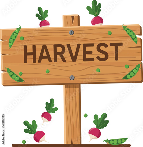 Wooden harvest sign with fresh radishes and green peas in flat design vector illustration