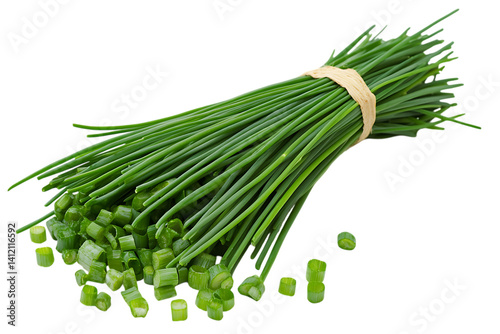 Fresh chives tied in a bundle and chopped, isolated on transparent 