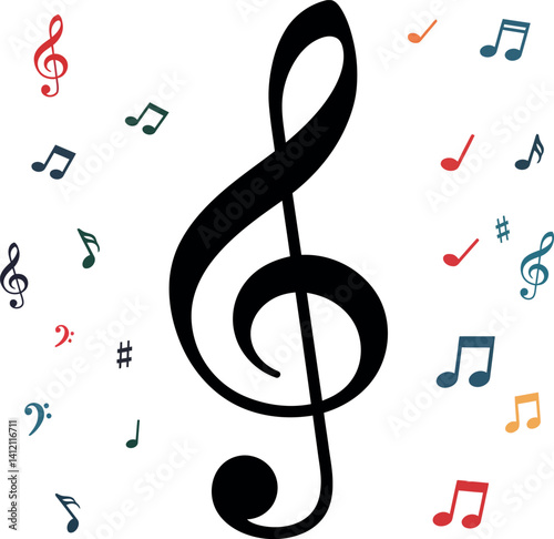 Large black treble clef with colorful musical notes in flat minimal style vector illustration