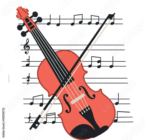 Red violin with bow resting on musical notes in flat design style vector illustration