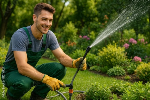 Gardener Irrigating a Green Lawn During a Sunny Day in a Backyard Garden