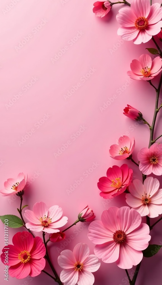 Vibrant pink background with assorted flowers, springtime aesthetic, flowers, pink Vibrant pink background with assorted flowers, springtime aesthetic, flowers, pink