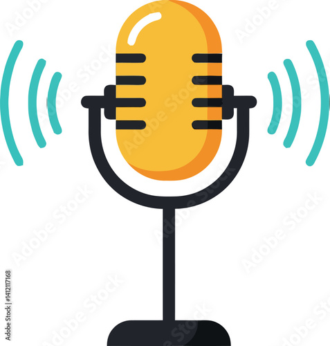 vintage style yellow microphone with sound waves flat design vector illustration