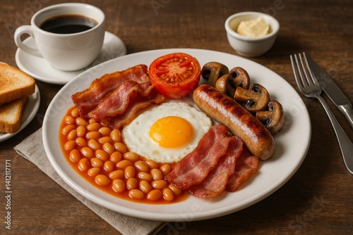 Traditional Breakfast Featuring Sausages, Beans, Mushrooms, and Egg Served on...