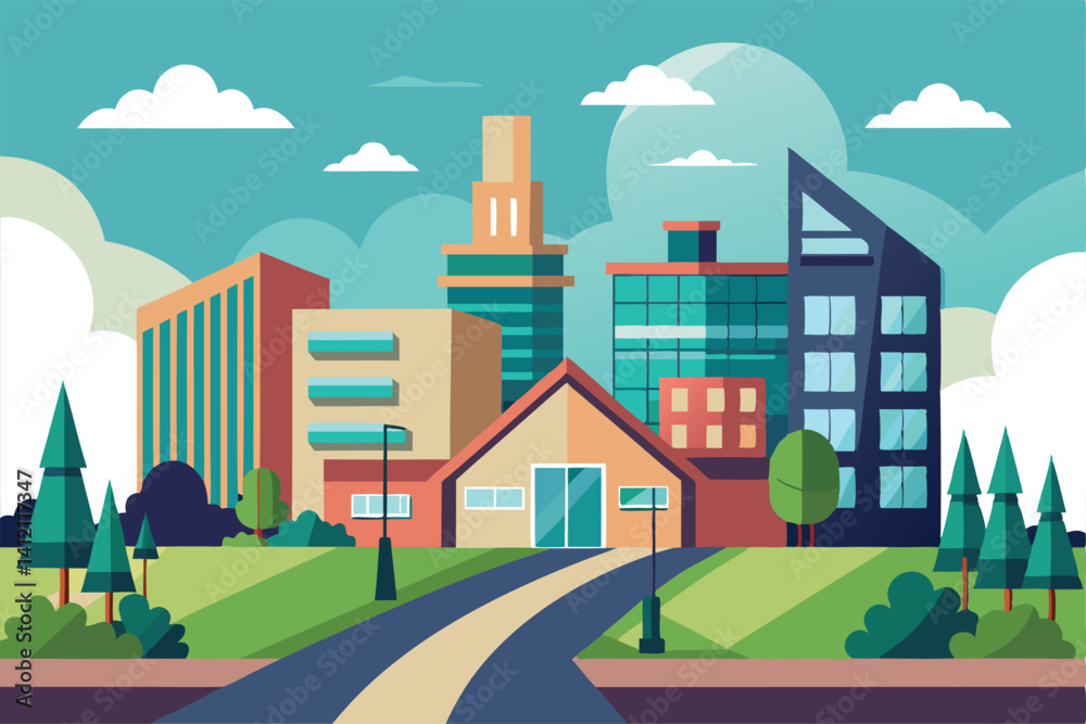 Fototapeta premium Flat Design Urban Landscape with Road