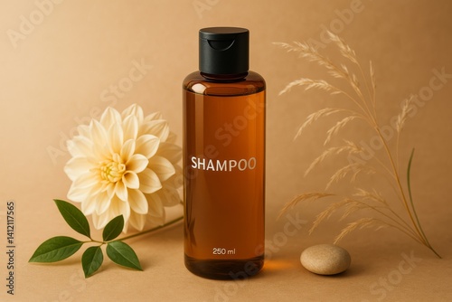 Natural Shampoo Bottle With Floral and Earthy Arrangement on Beige Background