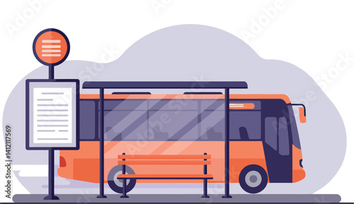 Orange city bus parked at covered bus stop with bench and timetable flat design vector illustration