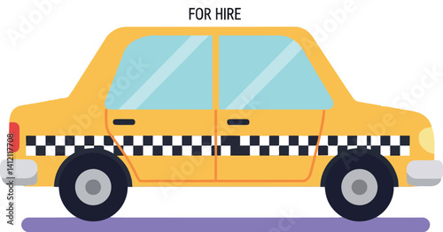 Yellow taxi car with checkered stripe for hire in flat design style vector illustration