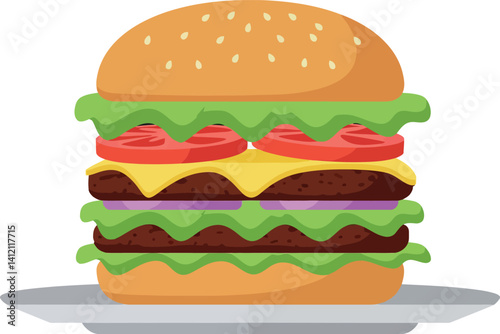 Double cheeseburger with lettuce tomato and sesame bun in flat design vector illustration