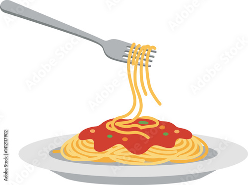 Spaghetti pasta with tomato sauce on white plate and fork lifting noodles flat minimal vector illustration