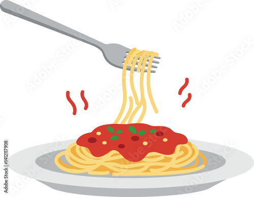 Plate of steaming spaghetti with red tomato sauce and herbs held by silver fork flat design vector illustration