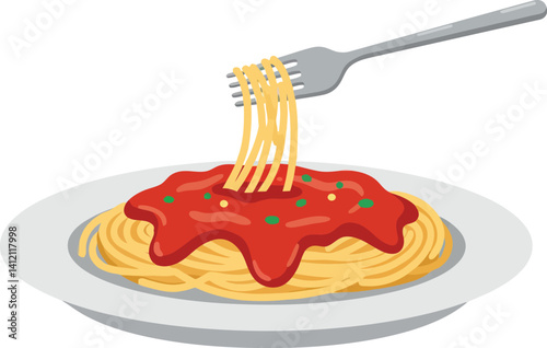 Plate of spaghetti pasta with red tomato sauce and a silver fork twisting noodles flat design vector illustration