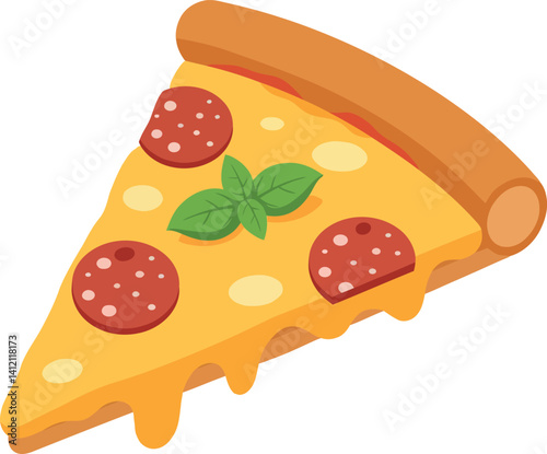 Pepperoni pizza slice with melted cheese and basil leaves in flat style vector illustration