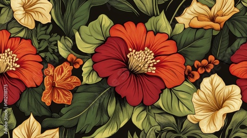Wallpaper Mural Vibrant Tropical Floral Pattern Featuring Red Hibiscus and Lush Green Foliage on Dark Background for Summer Designs and Textiles Torontodigital.ca