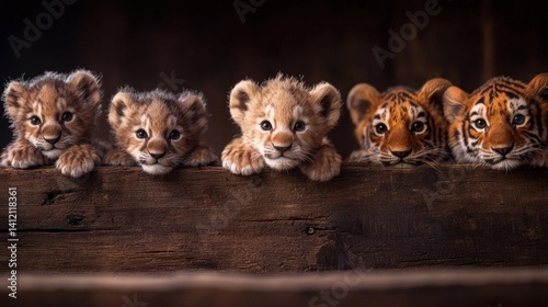 Baby lions and tigers peering over wooden plank, zoo enclosure