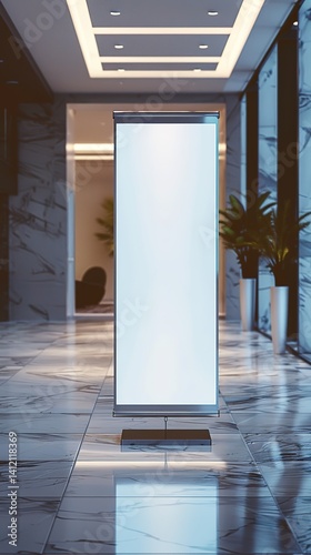 Modern Roll-Up Banner Mockup in Luxury Interior – Blank Advertising Stand with Marble Floor