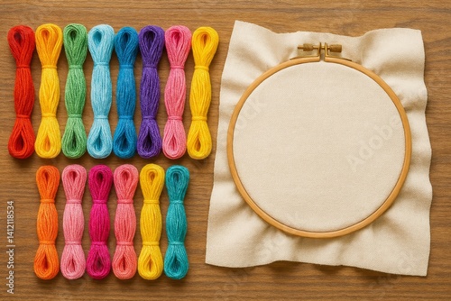 Colorful Thread Spools Arranged Around an Empty Embroidery Hoop on a Bright Y...