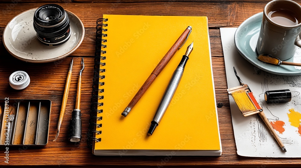 Workspace with notebook, pens, and art supplies