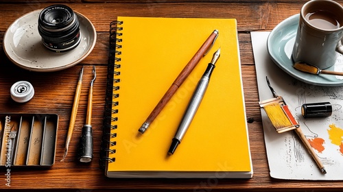 Obraz na płótnie Workspace with notebook, pens, and art supplies w salonie
