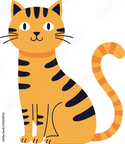 Orange striped cat sitting calmly with curled tail in flat minimal cartoon style vector illustration