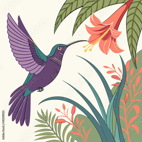 Violet Sabrewing Hummingbird, Central American native, feeding on nectar with speed and grace.