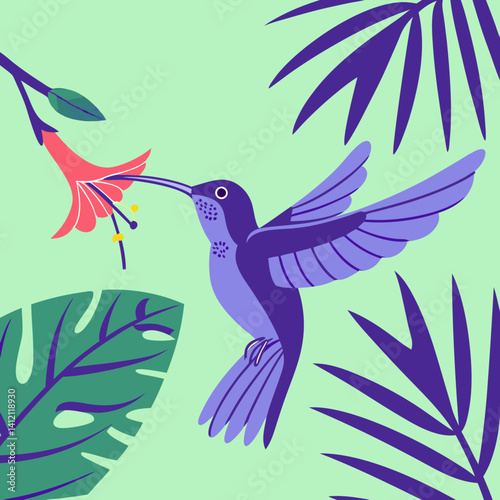 Violet Sabrewing Hummingbird, Central American native, feeding on nectar with speed and grace.