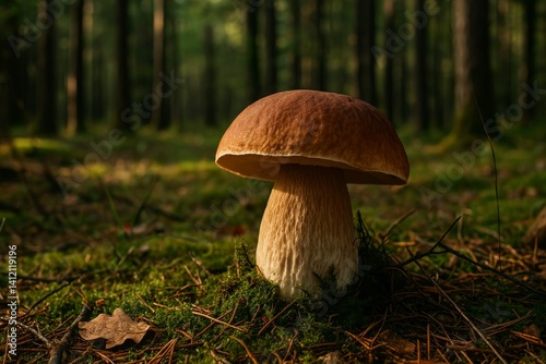 Mushroom Standing Tall in a Lush Green Forest During the Day