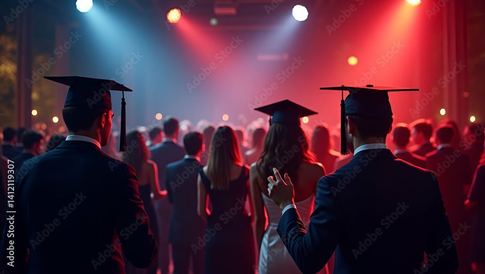 Obraz premium Sophisticated Graduation Prom 2025: Elegant Attire, Inspiring Settings, Vibrant Celebrations, Academic Achievement, Memorable Nighttime Glamour - Photo Stock Concept with Empty Space