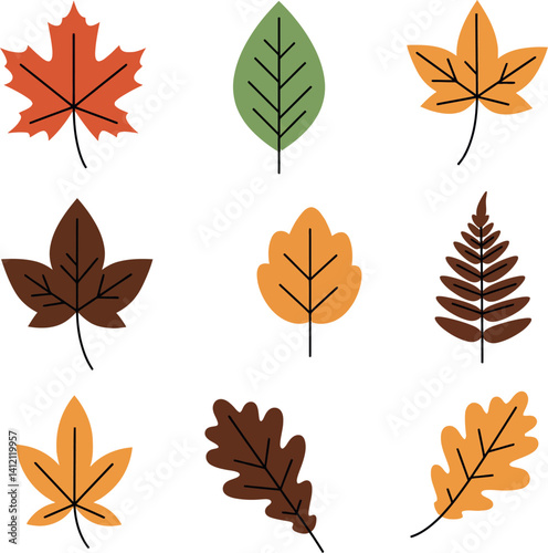 Set of nine colorful autumn leaves with simple flat design style isolated on white background vector illustration