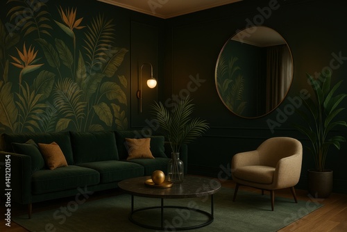 Elegant Green Living Room With Tropical Decor and Modern Lighting in a Contem...