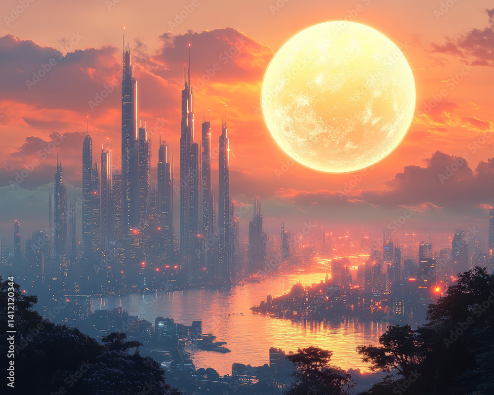 Fototapeta premium Futuristic city skyline with large moon and vibrant sunset colors, showcasing advanced