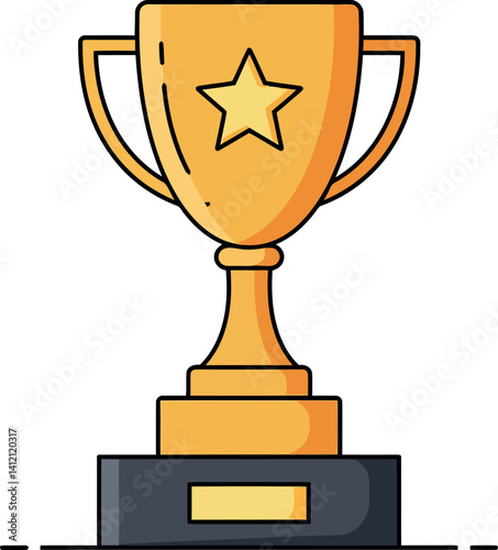 Golden trophy cup with star emblem and black base in flat minimal vector illustration