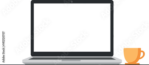 Laptop computer with blank screen and orange coffee cup minimal flat design vector illustration