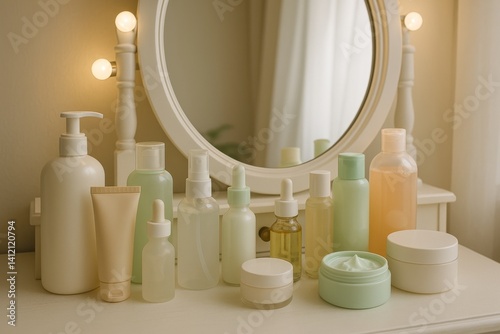 Skincare Products Displayed on a Vanity in Soft Natural Light