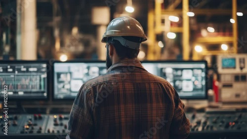 Man in hard hat monitoring industrial control panel at night.