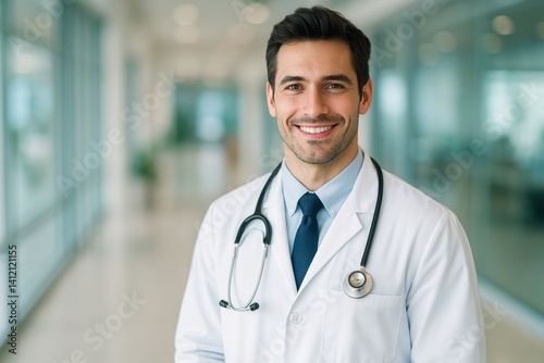 Smiling Male Doctor in White Coat With Stethoscope in Modern Medical Office