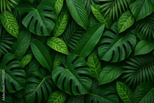Lush Green Tropical Leaves Creating a Vibrant Natural Backdrop in a Serene En...