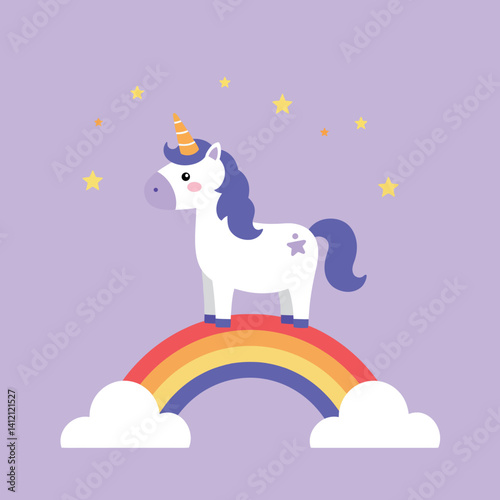 Cute white unicorn with purple mane standing on rainbow with stars in flat design vector illustration